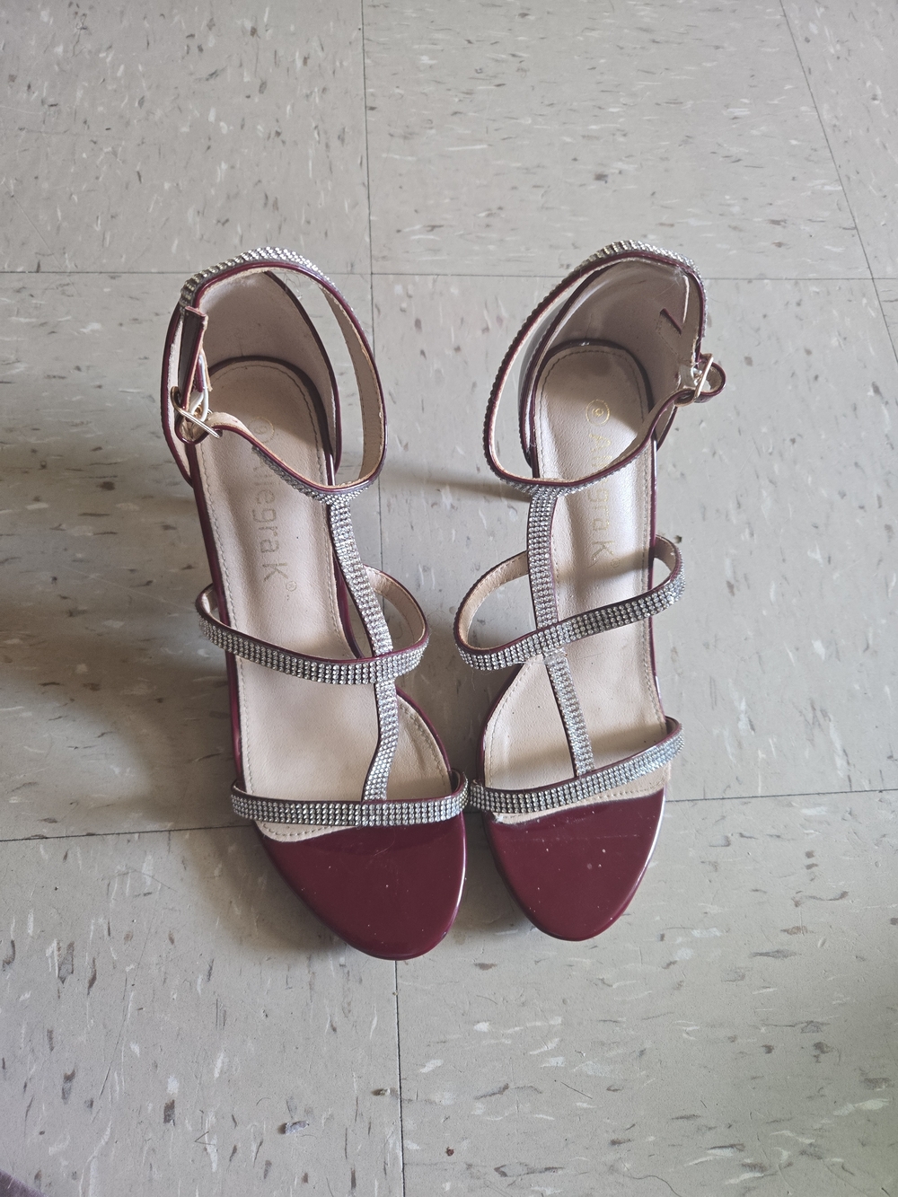 Allegra K Burgundy Strappy Rhinestone Ankle Heels